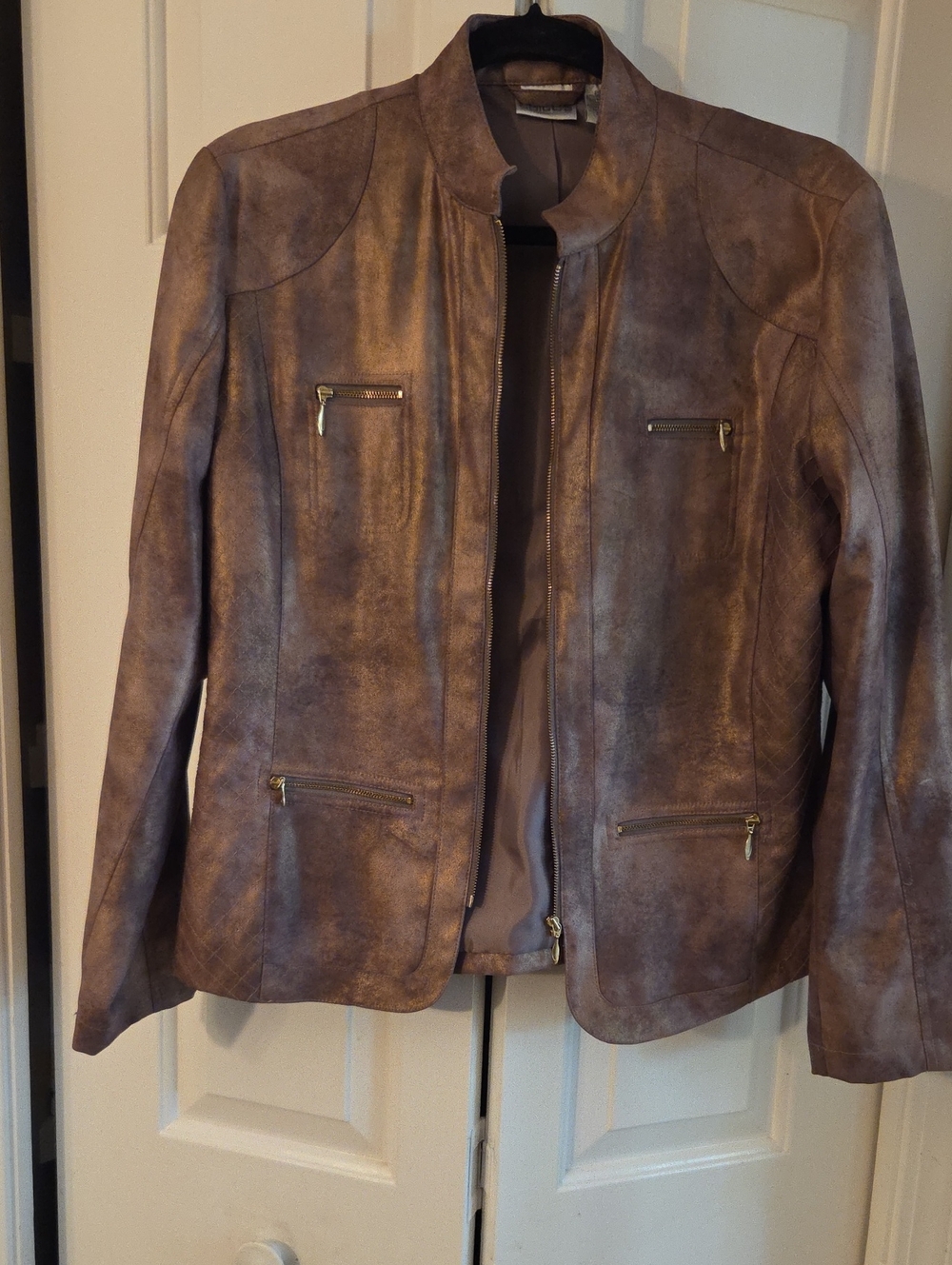 Chico's Distressed Brown Faux Leather Zip-Front Jacket